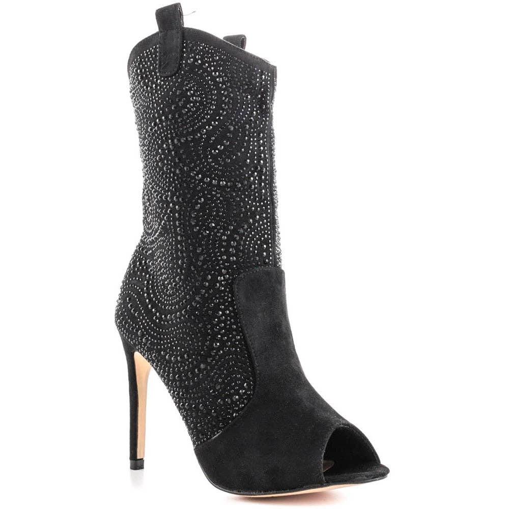 Lauren Lorraine Layla Black Suede Rhinestone Peep Toe Cowboy style Dress Boots - Picture 1 of 9
